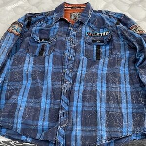 Affliction Blue Plaid Button-Up Shirt with matching reversible shirt